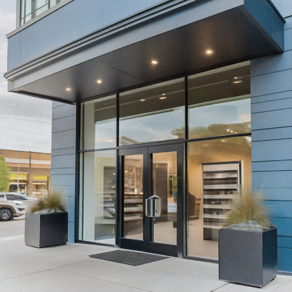 Modern glass entrance to a building with a black overhang, two large square planters with ornamental grasses, and reflections of parked cars—ideal for businesses seeking commercial property insurance in Mississippi.
